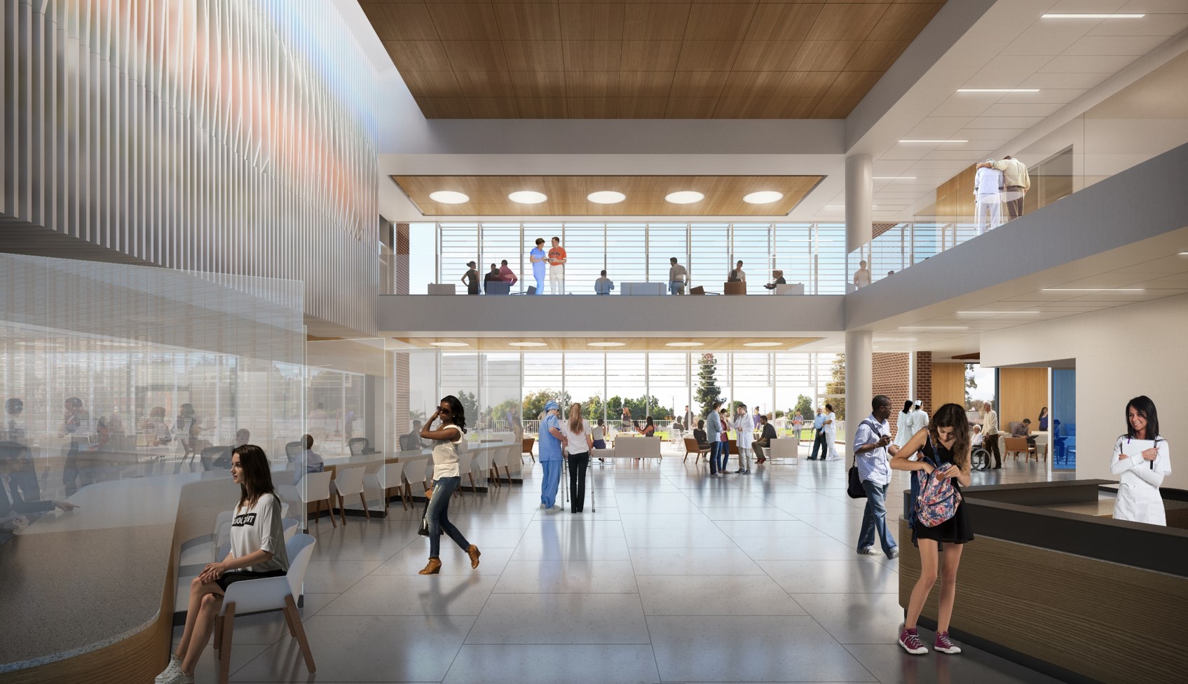 A rendering of the lobby of the orthopedic outpatient care facility.