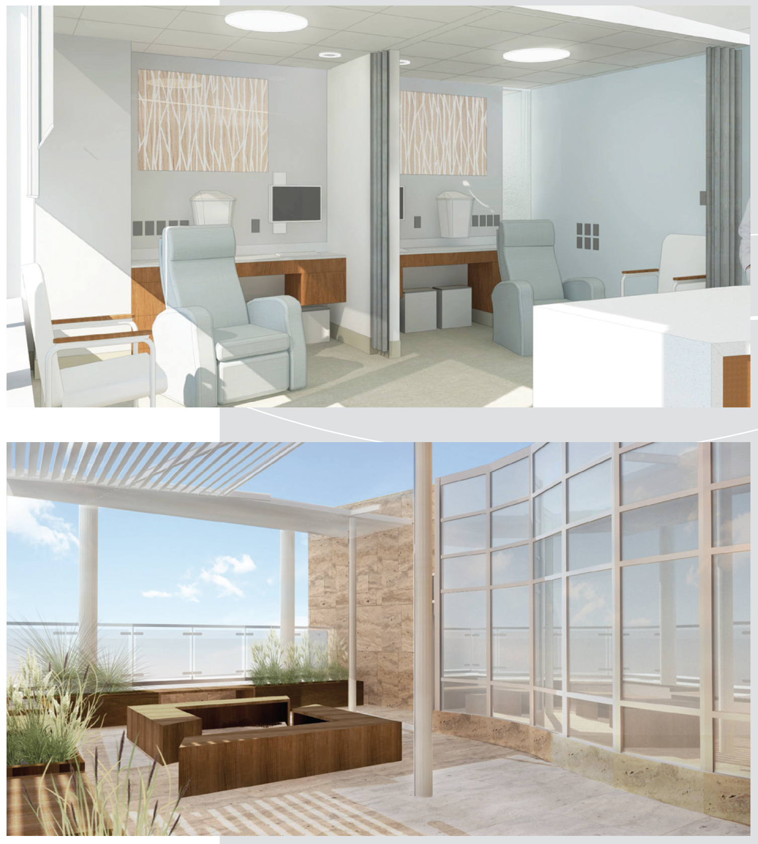 renderings of a new infusion space in the cancer center and a new balcony space