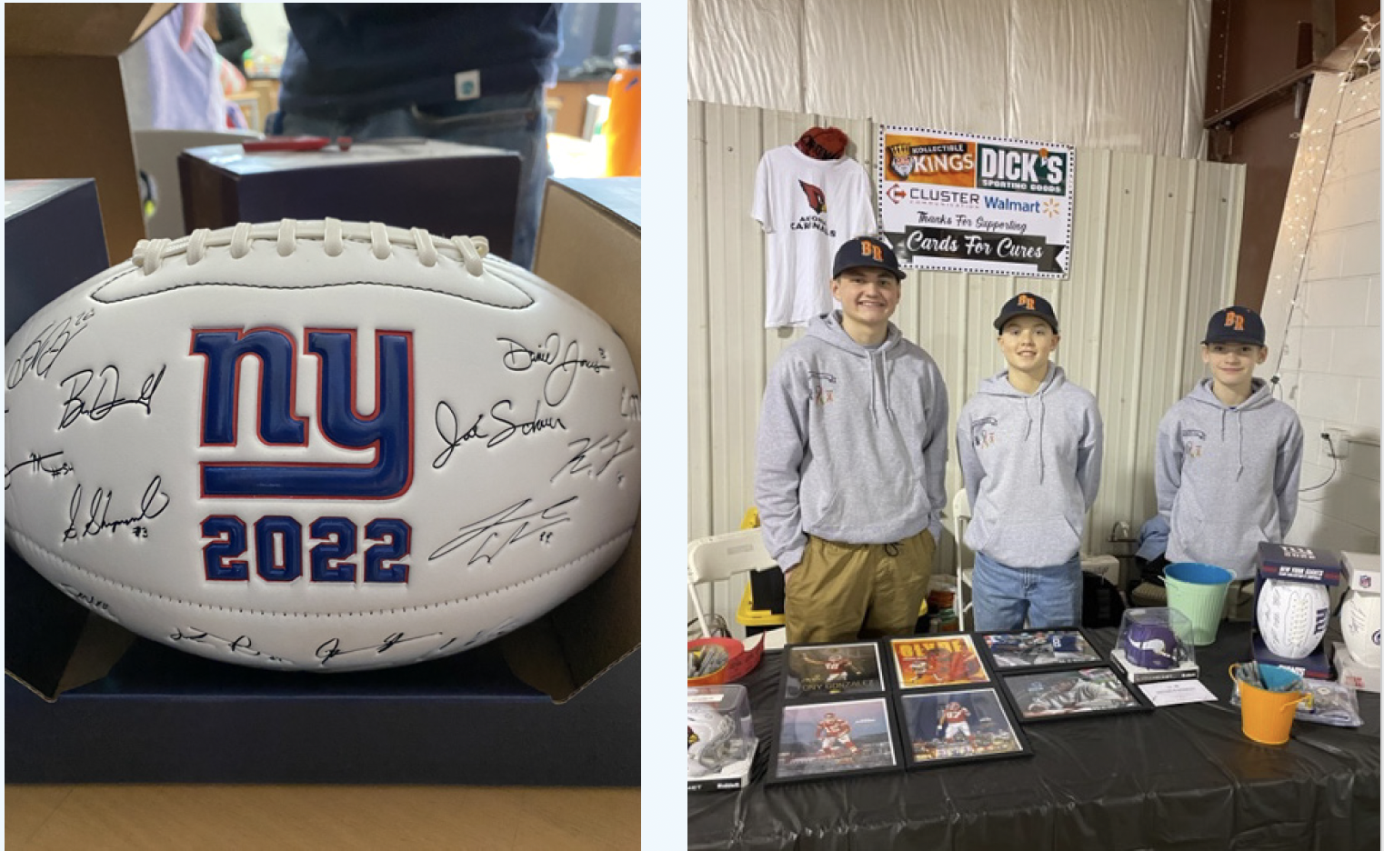 a signed football and the boys standing at a table 