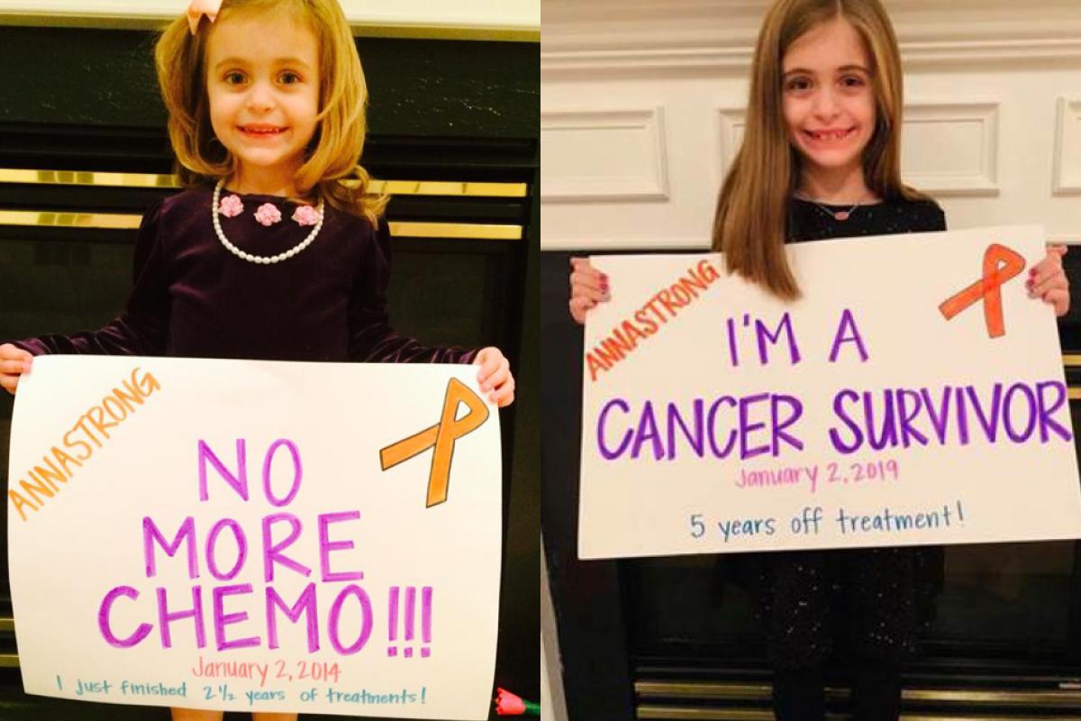 Side-by-side photos of Anna, a pediatric cancer survivor, right after her chemo treatment and in January 2019.
