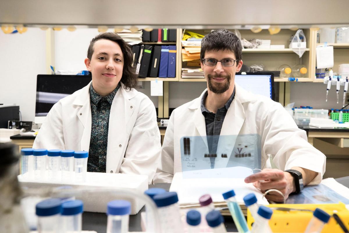Graduate student Dorian A Rosen, left, and head researcher Alban Gaultier of the Department of Neuroscience, in the Gaultier lab.