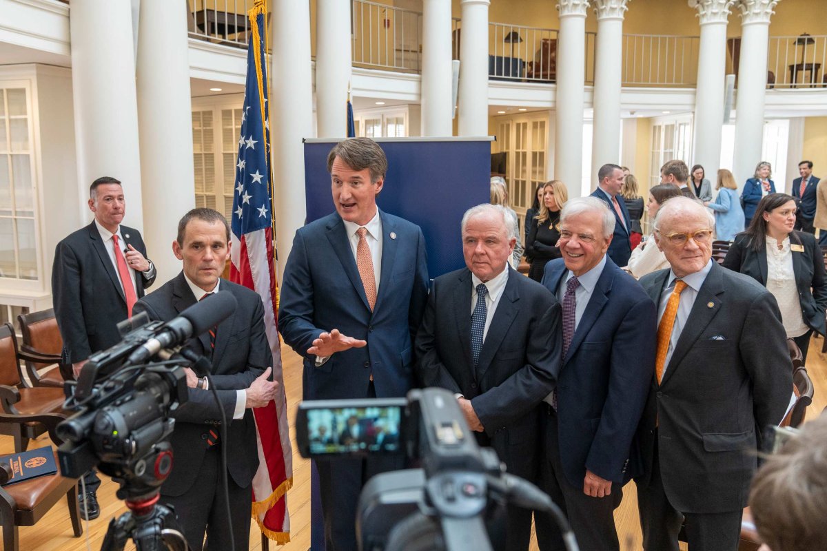 From left, UVA President Jim Ryan, Gov. Glenn Youngkin, Paul Manning, UVA Health CEO Dr. K. Craig Kent and University Rector Whitt Clement answer media questions following Friday’s announcement. (Photo by Erin Edgerton, University Communications)