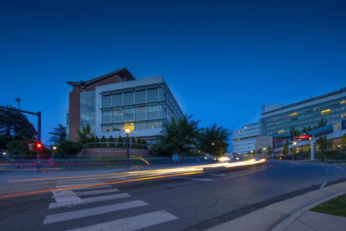 The Couric Cancer center at night.