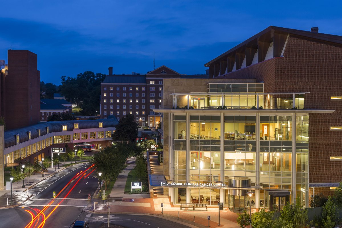 Picture of UVA Cancer Center building at night