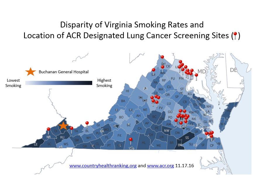 Map of Virginia depicting Disparity of Virginia smoking rates and location of ACR designated lung cancer screening sites. 