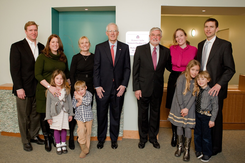 Sherry and Rick Sharp (3rd & 4th from left), daughter April (2nd from right), and families celebrate the Couric Center opening with Dr. Peyton Taylor (3rd from right) 