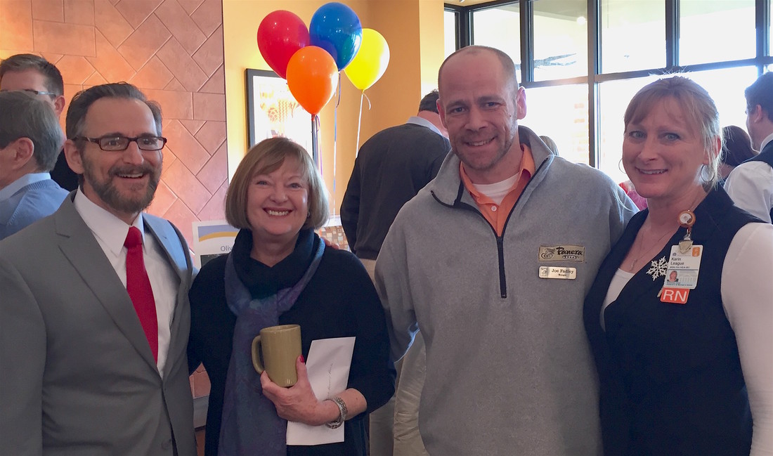 From left to right: James Nataro, MD, Rosemary Postle, Joe Fadley, General Manager at Panera's Hollymead location, and Karin League, RN, celebrate the Change 4 Children kickoff.