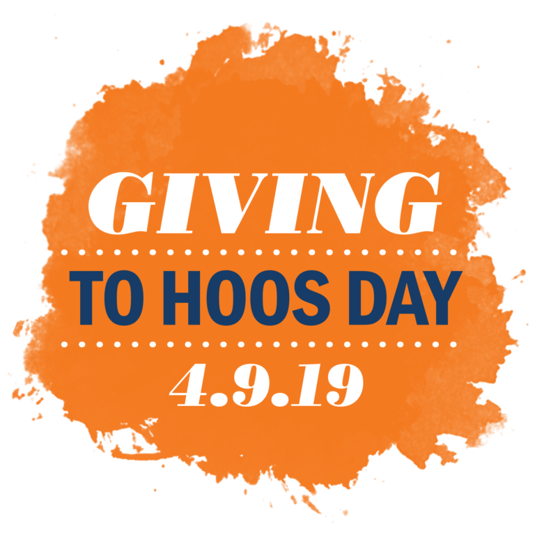 An orange splash with the GivingToHoosDay event date in blue.