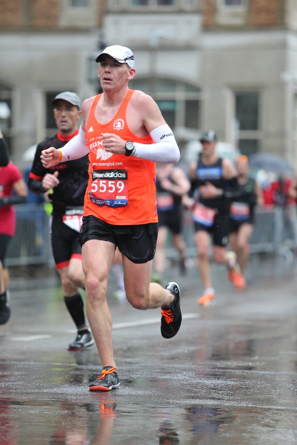Jeremy Sanders, the Running Dad, runs in the 2015 Boston Marathon.