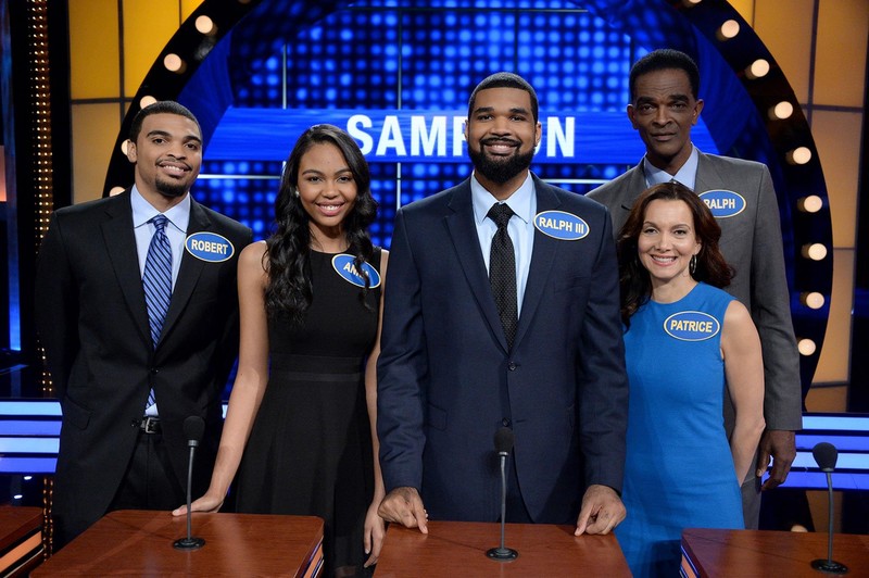 Pictured on Celebrity Family Feud, left to right, are Robert Alan Sampson, Anna Aleize Sampson, Ralph Lee Sampson III, Patrice Ablack and Ralph Sampson.