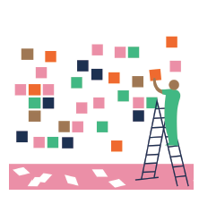 Illustration of a person putting sticky notes on a wall.