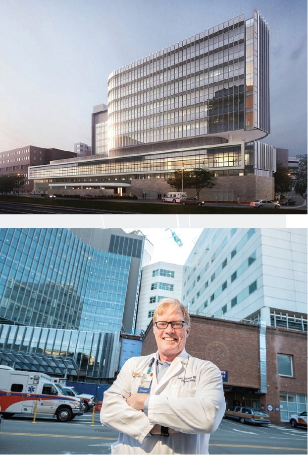 A spread showing photos of the new emergency department building.