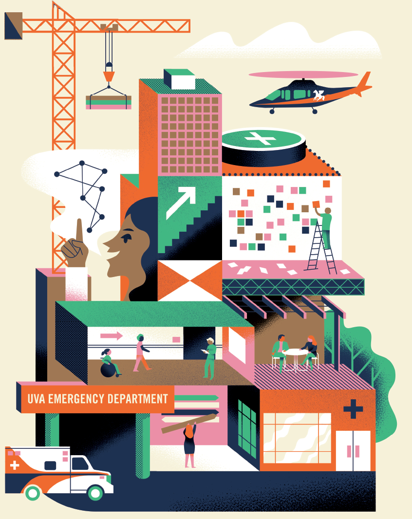 An abstract illustration shows the reconstruction of the emergency department complete with a crane, helicopter, and various figures. Theme colors are orange, pink, blue and green.