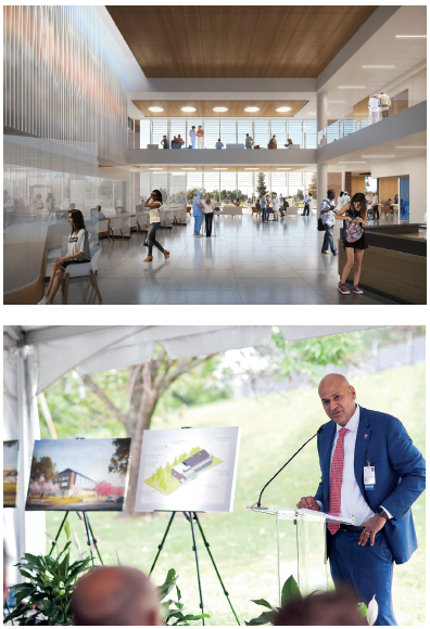 Top photo shows a rendering of the lobby at Ivy Mountain, bottom photo shows Bobby Chhabra speaking at the building's groundbreaking