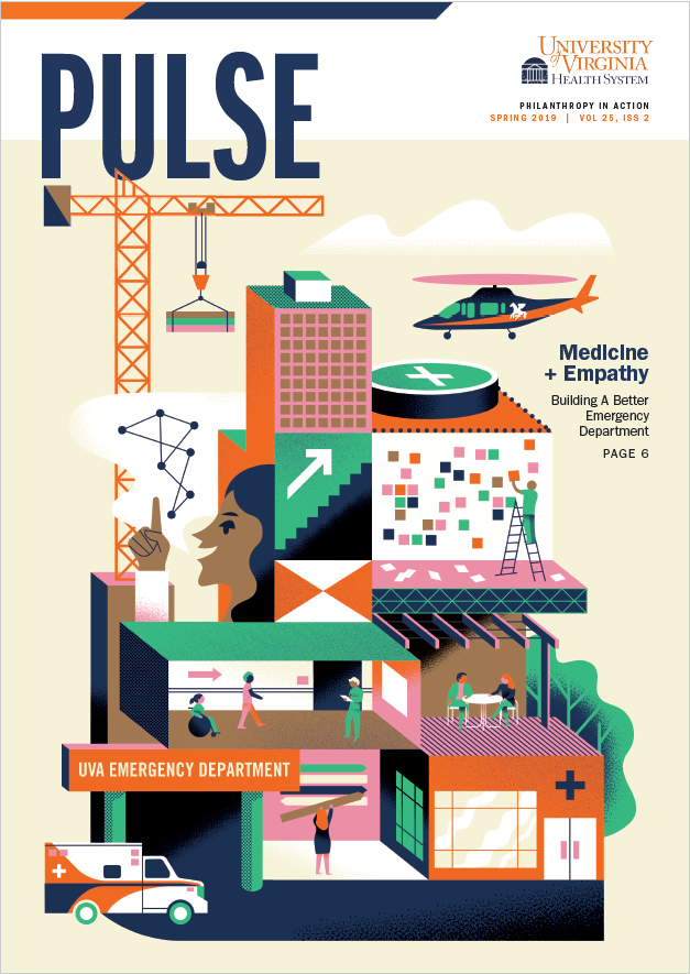 Cover of Pulse 2019 illustration depicts a building and people interacting on each floor. 