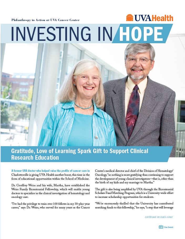 Cover of Investing in Hope features Dr. Weiss and his wife, Martha. 