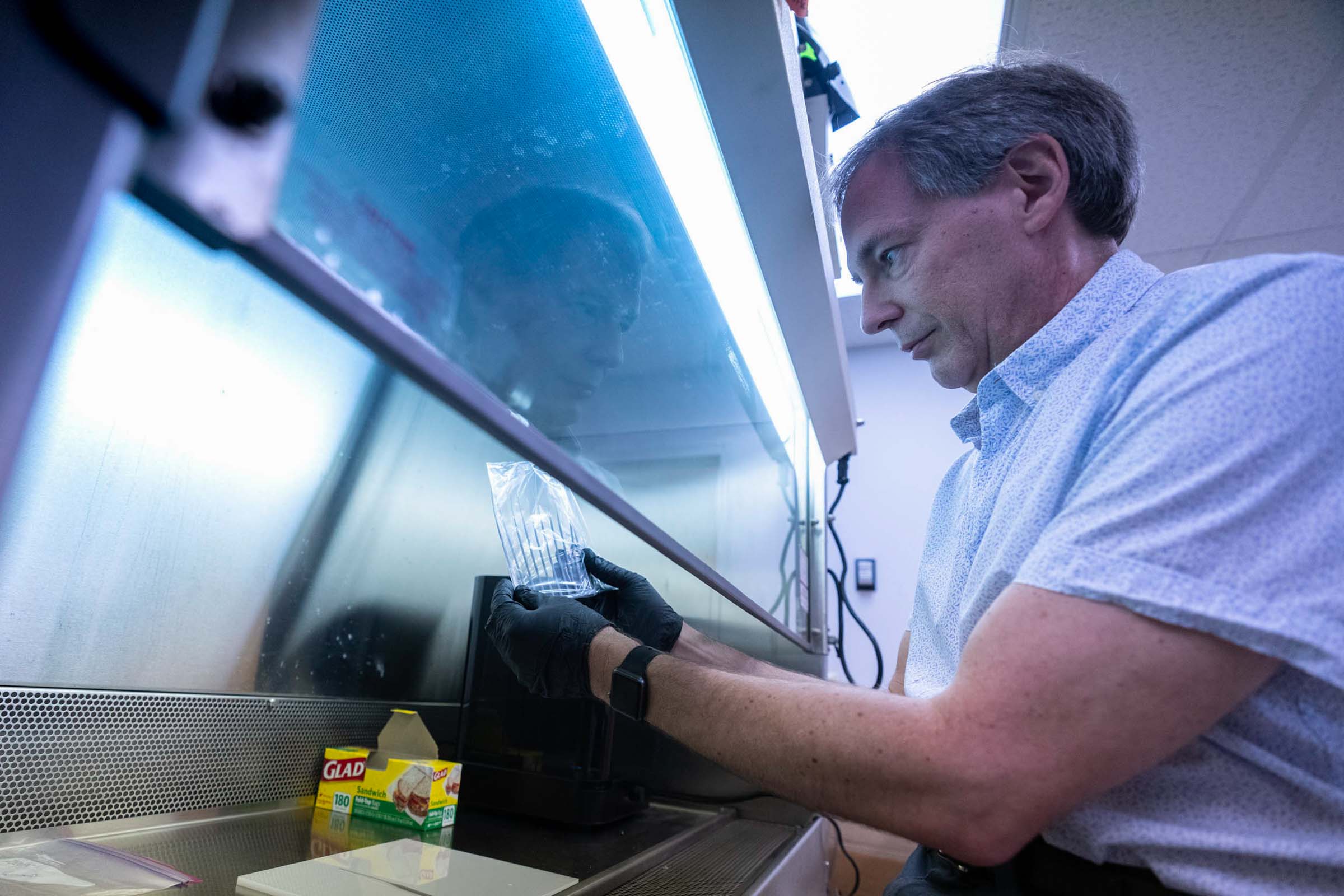 Guilford holds up 3-D printed nasopharyngeal swabs necessary for COVID-19 tests.