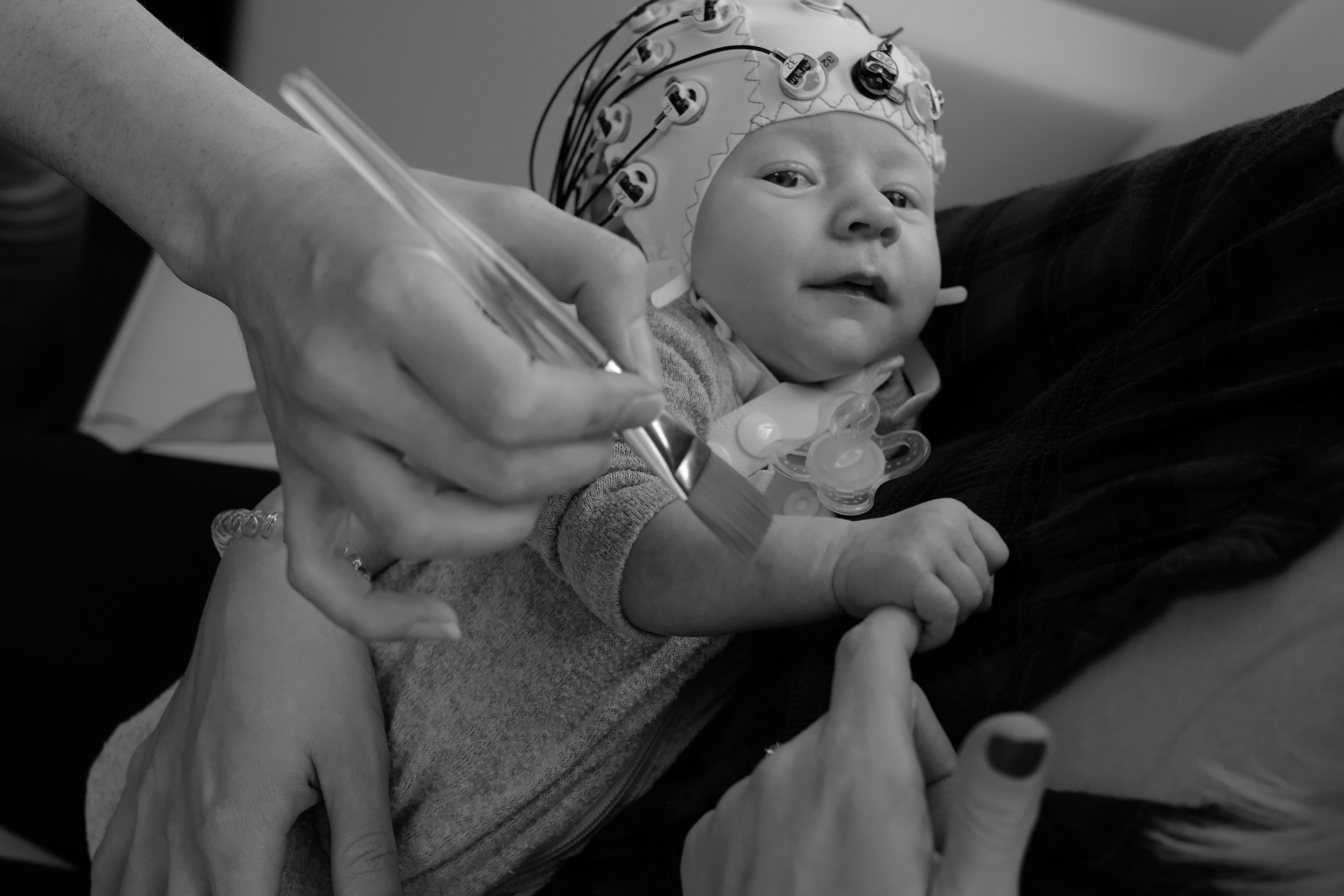 baby getting their arm stroked with brush as part of the study 