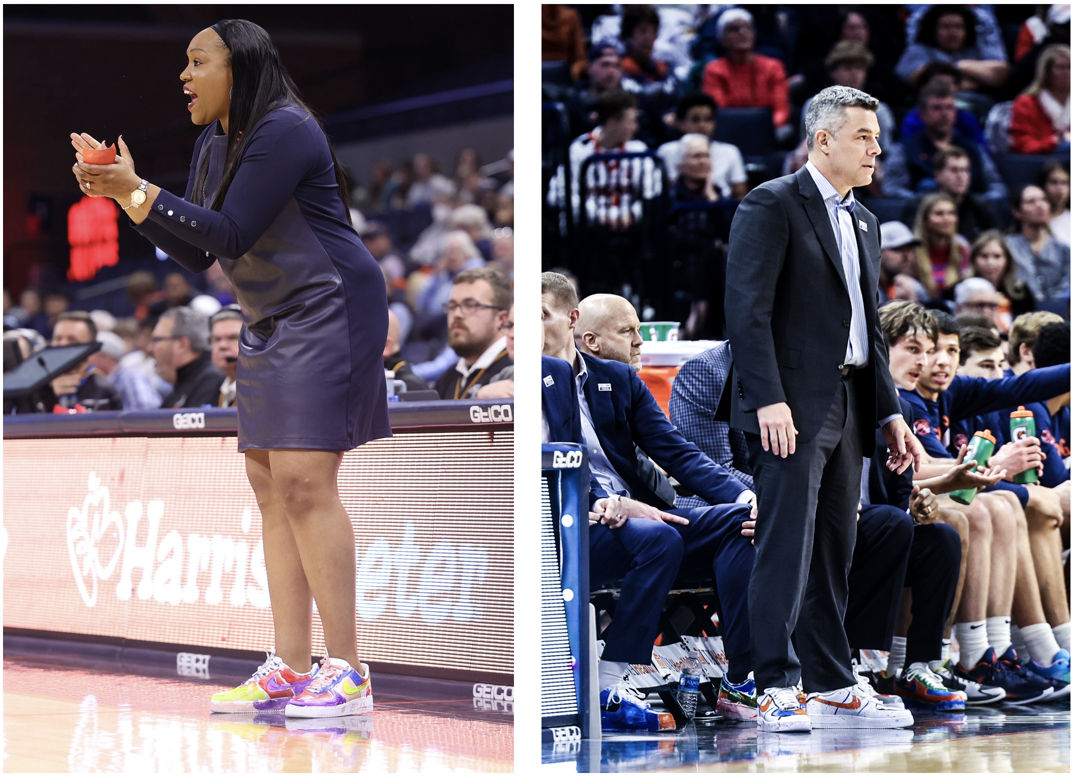 head coaches stand on the sidelines in their painted shoes