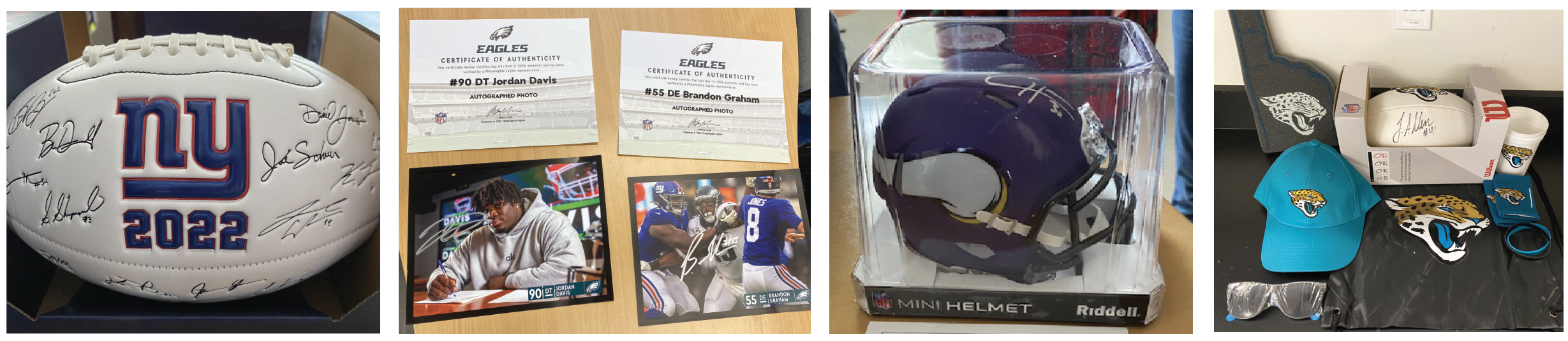 a signed football, posters, a mini helmet, and other football memorabilia was donated 