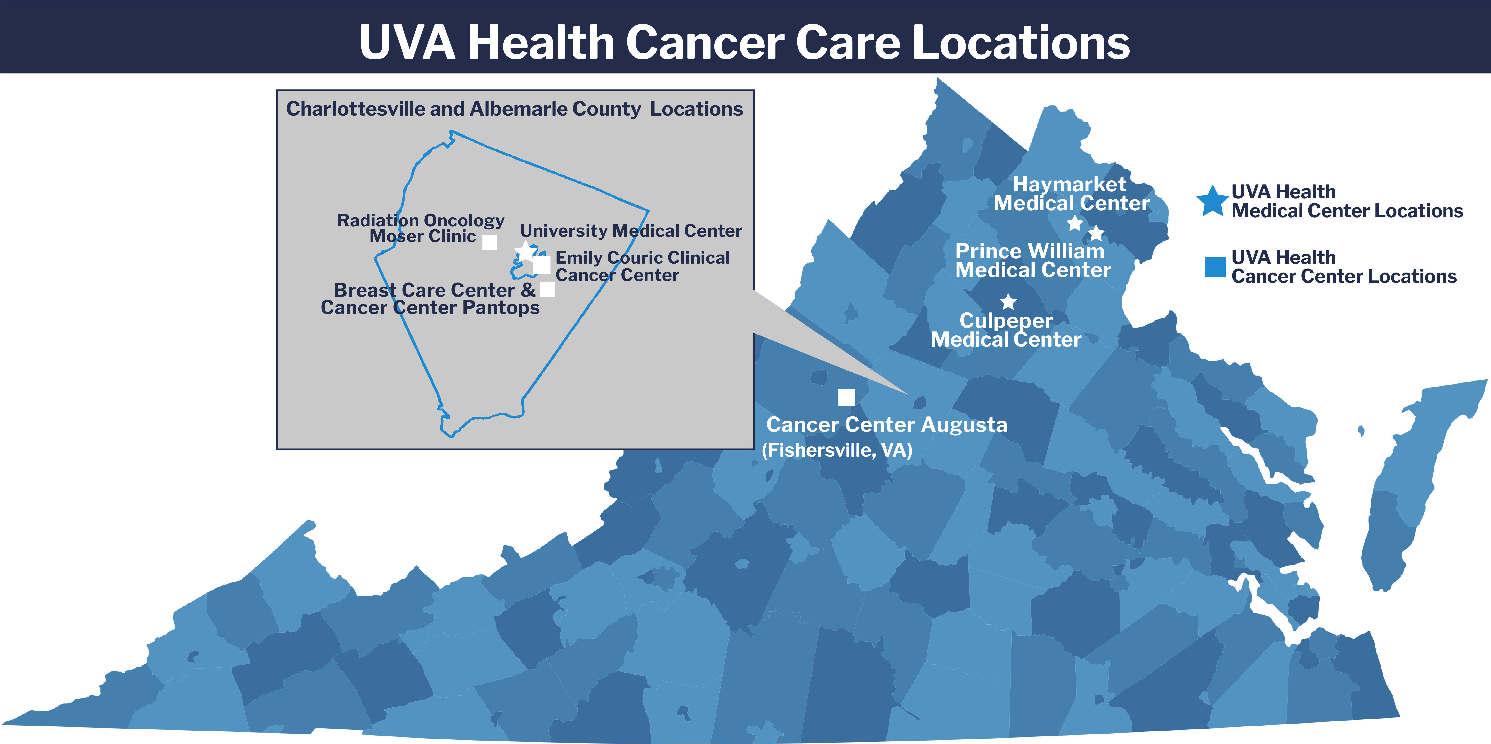 map of Virginia with UVA Cancer centers identified 