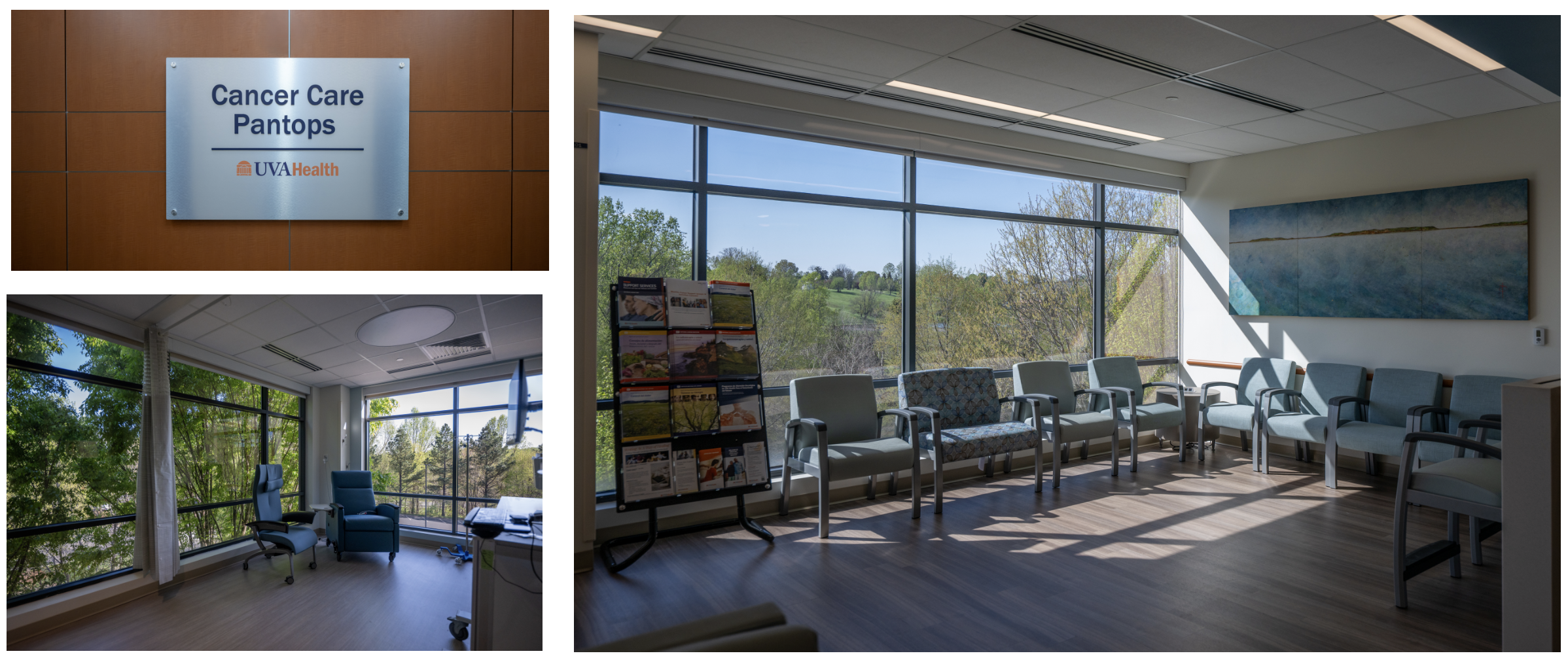 images of the lobby, an infusion bay, and a sign on the front of the entrance