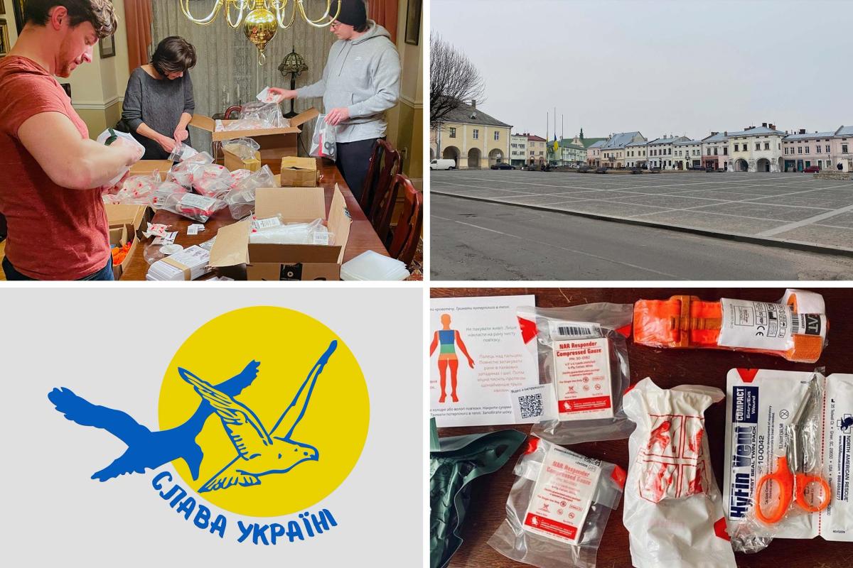 an empty city center near Lviv greeted emergency room nurse and paramedic Joseph Shelton; medical kits; a student-designed sticker that reads “Stand With Ukraine”; and a team packs medical kits bound for Ukraine. 