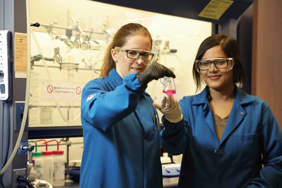 Rachel Letteri, left, an assistant professor of chemical engineering, and doctoral student Israt Jahan Duti