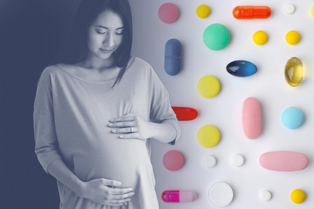 pregnant mother next to a picture of medications 