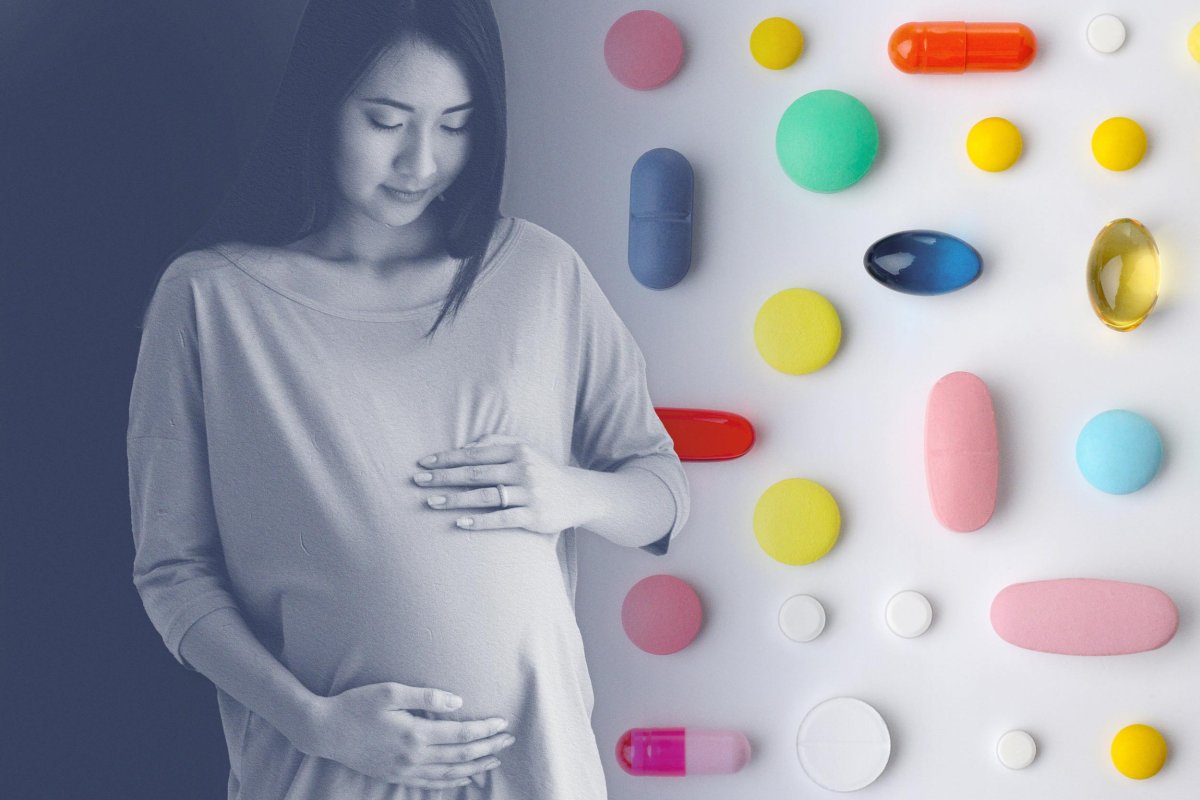 pregnant mother next to a picture of medications