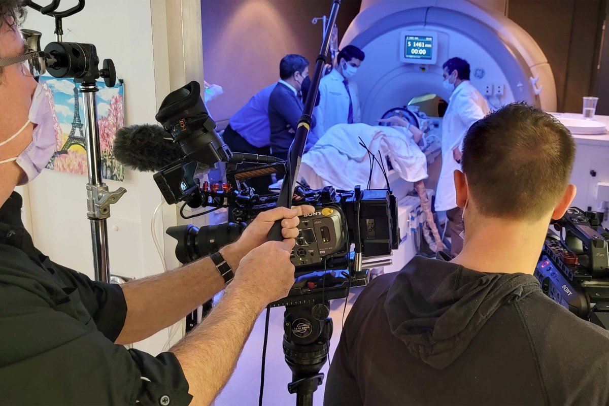 a patient in the focused ultrasound machine