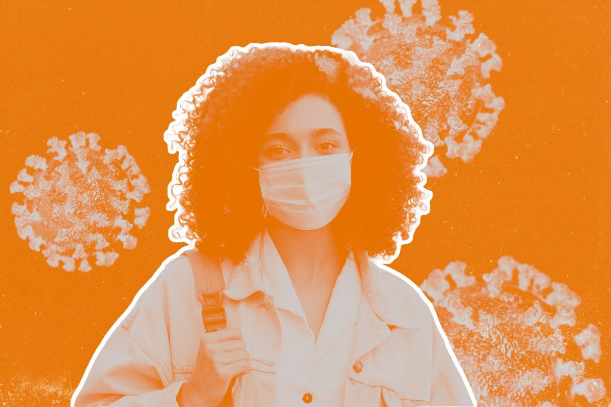 Woman wearing a mask with covid virus in the background
