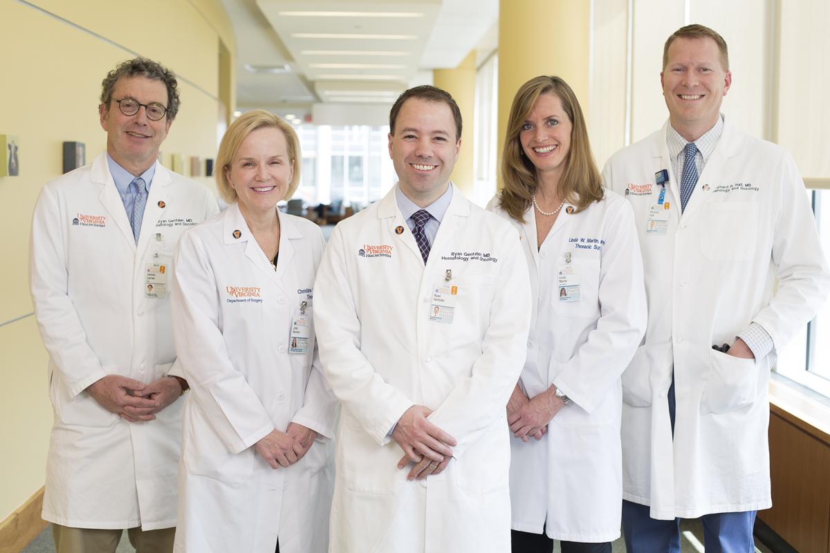 Members of UVA’s lung cancer team include (l to r) Drs. James Larner, Christine Lau, Ryan Gentzler, Linda Martin, and Richard Hall.