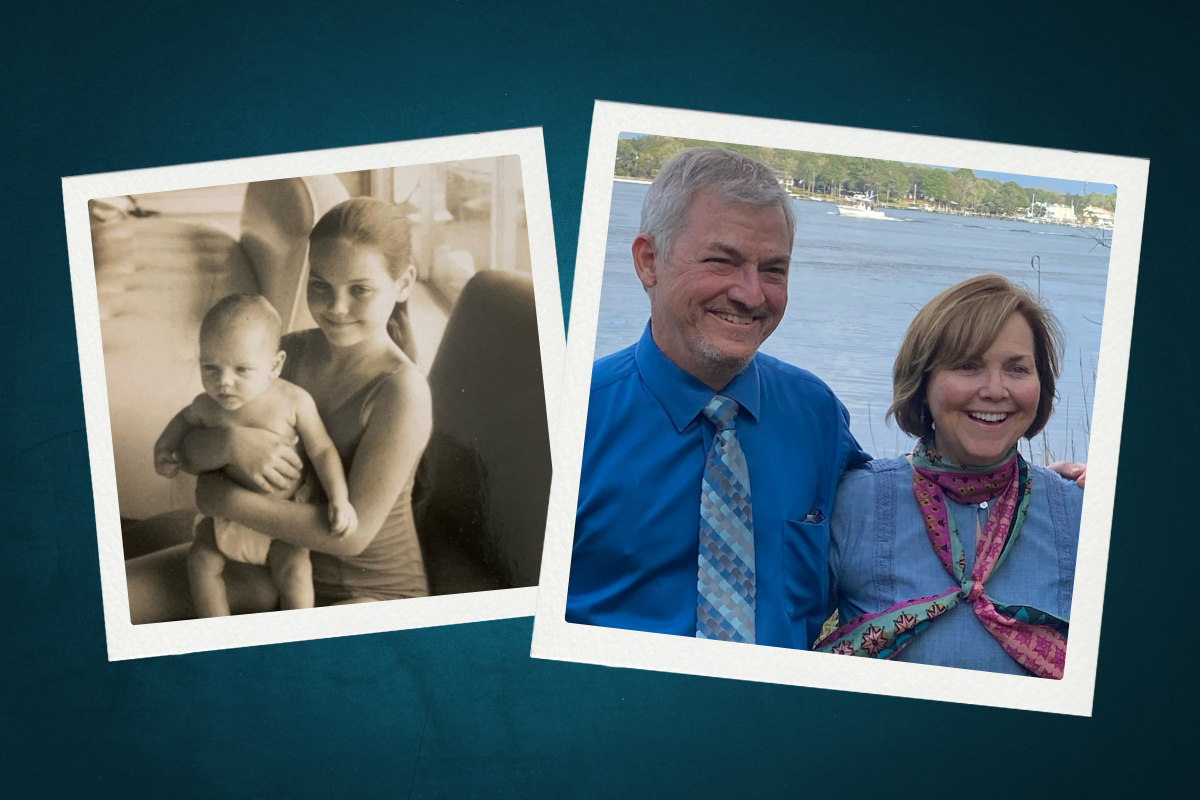 an old photo of John and Theresa as kids next to a new photo from 2022