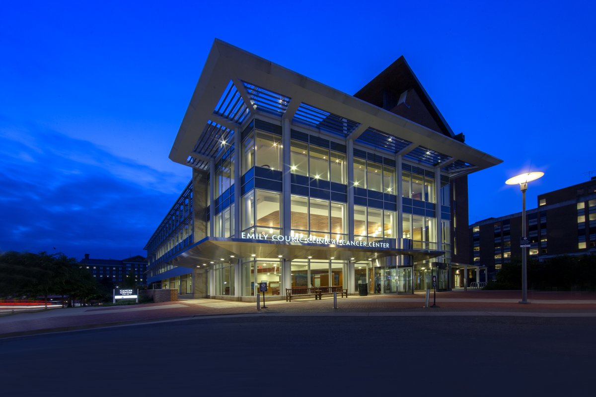 uva cancer center building image at night