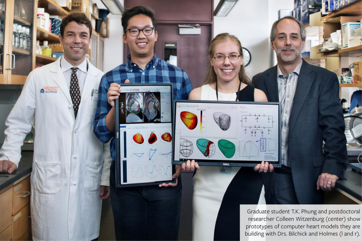 Graduate student T.K. Phung and postdoctoral researcher Colleen Witzenburg (center) show prototypes of computer heart models they are building.