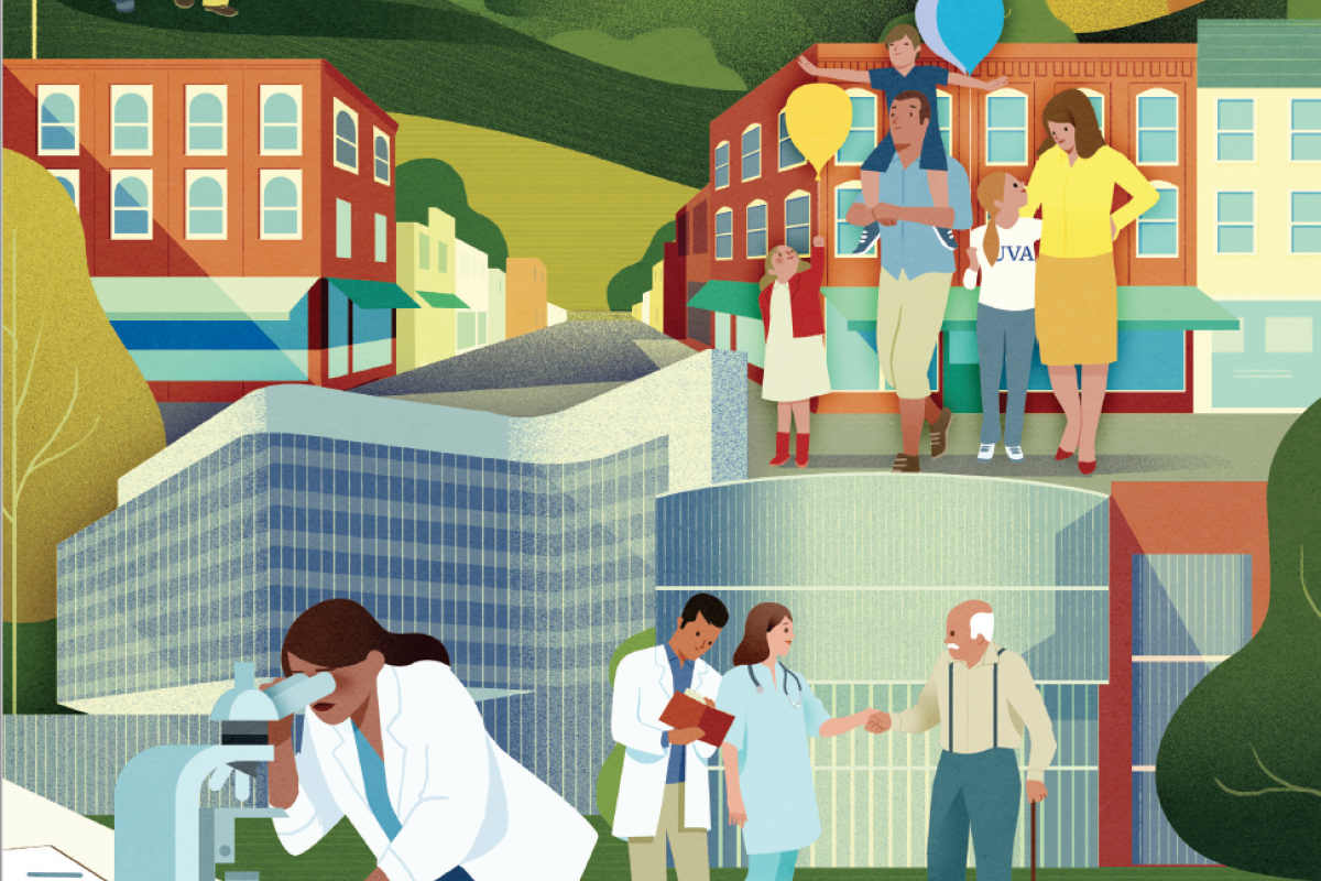 abstract illustration depicting research and patient care at UVA, with identifiable buildings and a scene on the downtown mall