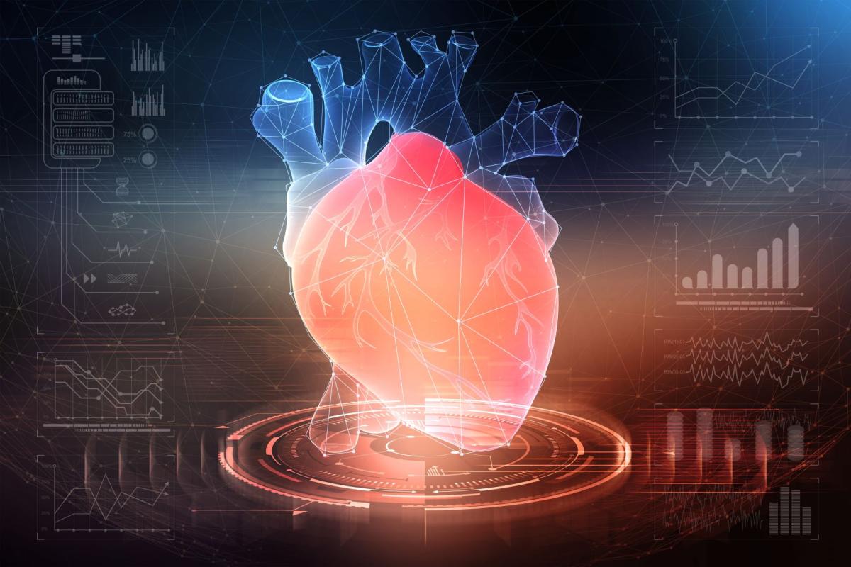 graphic rendering of heart with charts behind it