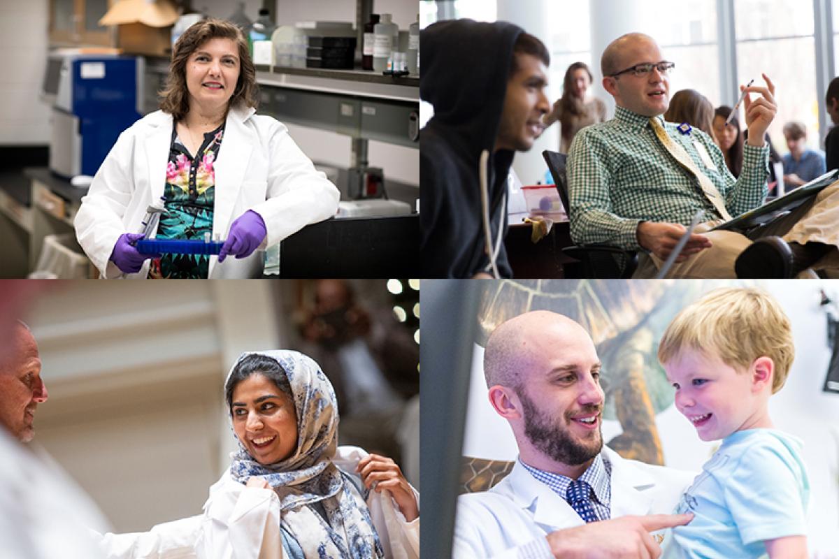 Photo collage of doctors, a researcher, and medical students.